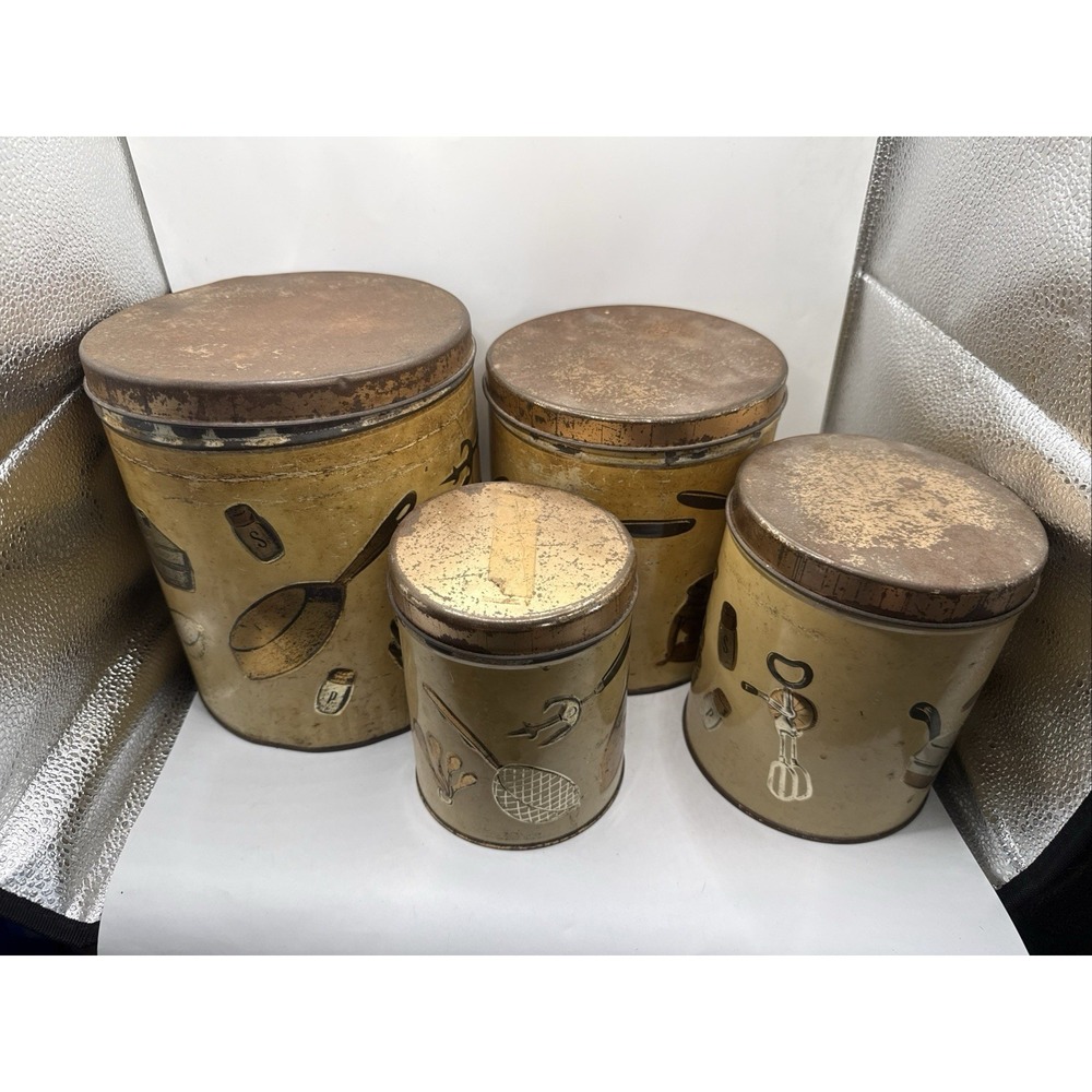 Vintage  MWeibro 4Pc Canister Set Kitchen MCM metal 1950's Rusty Crusty & Fab